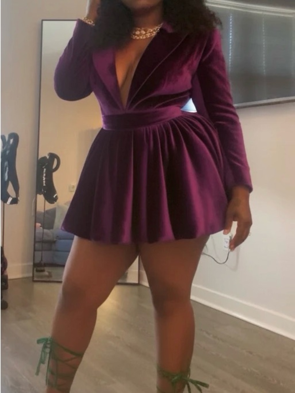 Plunging Velvet Mini Dress in Deep Plum